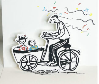Line drawing of a person pedaling a bicycle with a front cart carrying two smiling children, colorful doodles and musical notes above
